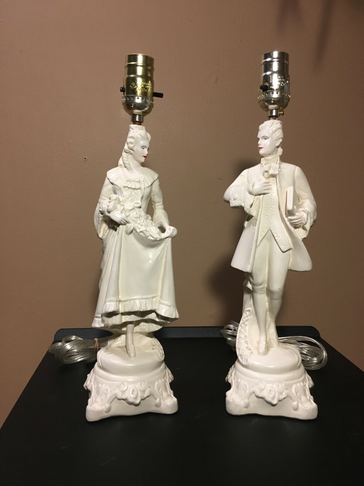 **Vintage TWO VICTORIAN COUPLE PAIR CHALKWARE LAMPS MAN WOMAN WHITE PAINTED FACE