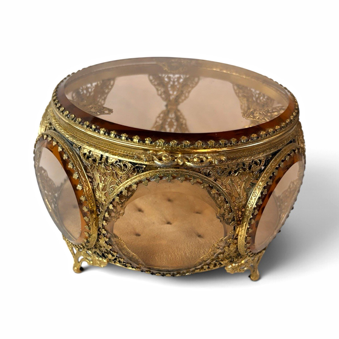 Vintage Faceted Glass Jewelry Casket Box Gold Filigree Footed Hollywood Regency Vintage Faceted Glass Jewelry Casket Box Gold Filigree Footed Hollywood Regency