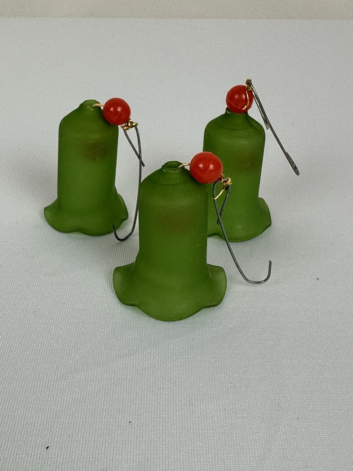 Vintage Frosted Green Glass Bell Christmas Ornaments Red Bead Hangers Set 3