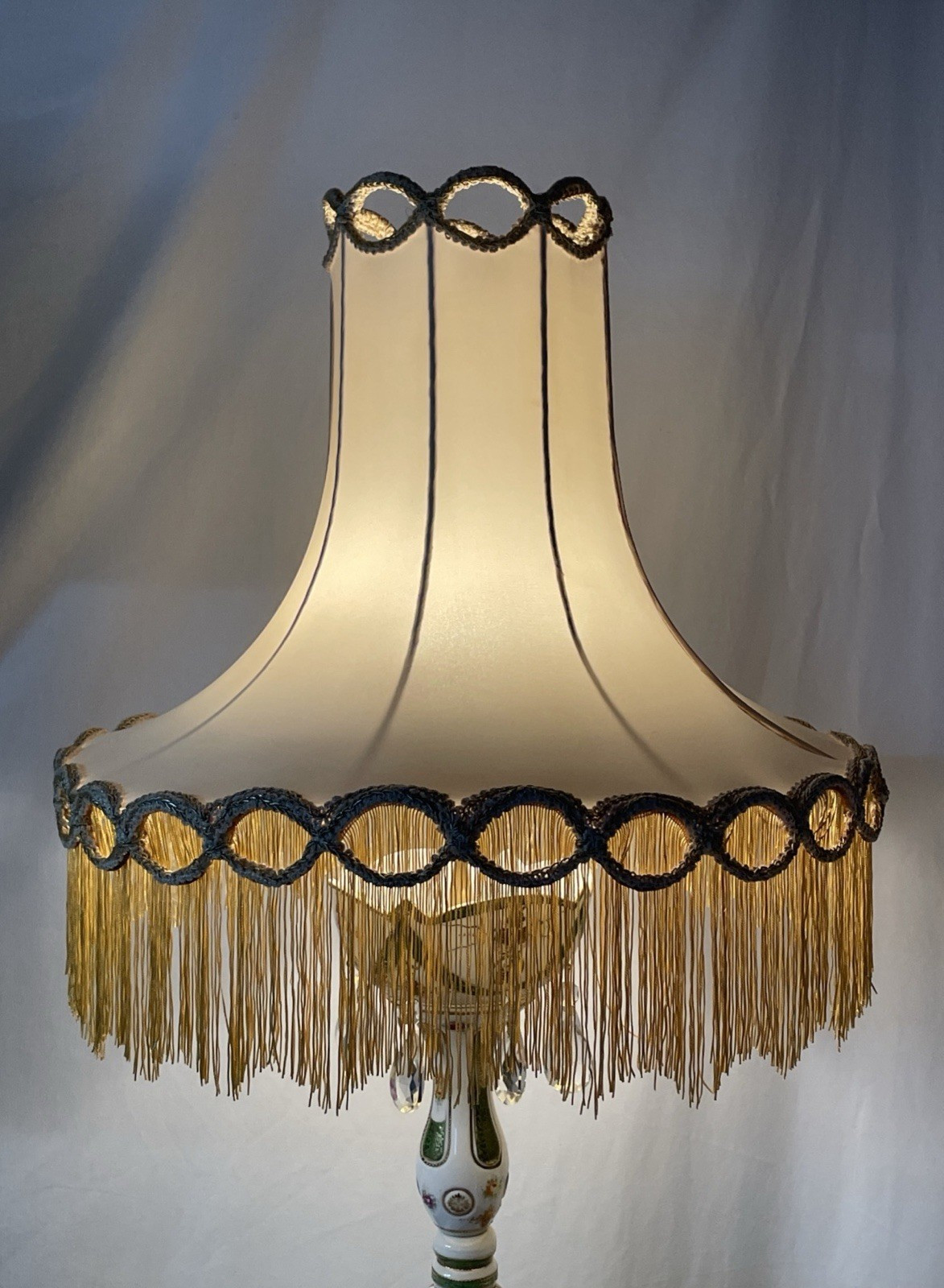LARGE PAIR Antique Vtg Victorian Art Deco Lamp Shades Ivory Gold Fringe Trumpet