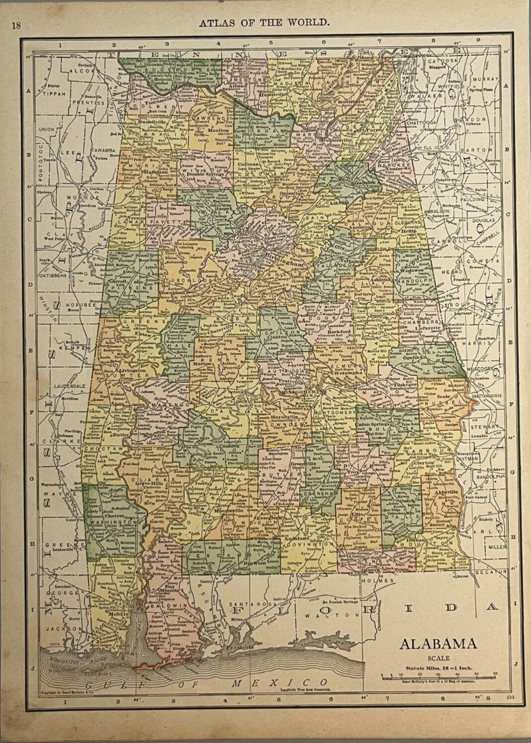 Alabama Florida Antique State Map Rand McNally Vintage 1914