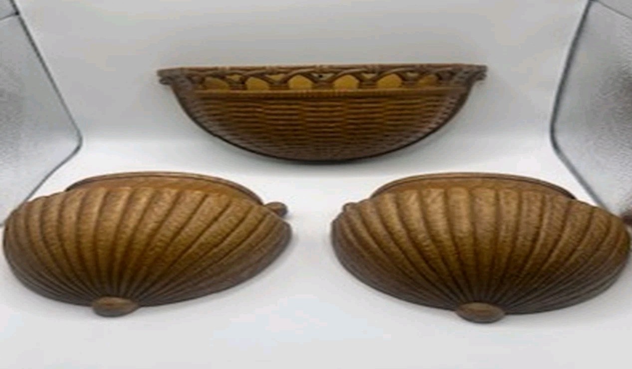 Vintage 1978 HOMCO 6054 Faux Wicker Wall Pocket Planters Set of 3 Brown
