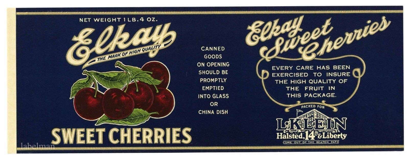 ELKAY Brand, Vintage Sweet Cherries, s, ***AN ORIGINAL 1920’s TIN CAN LABEL*** ELKAY Brand, Vintage Sweet Cherries, s, ***AN ORIGINAL 1920’s TIN CAN LABEL***