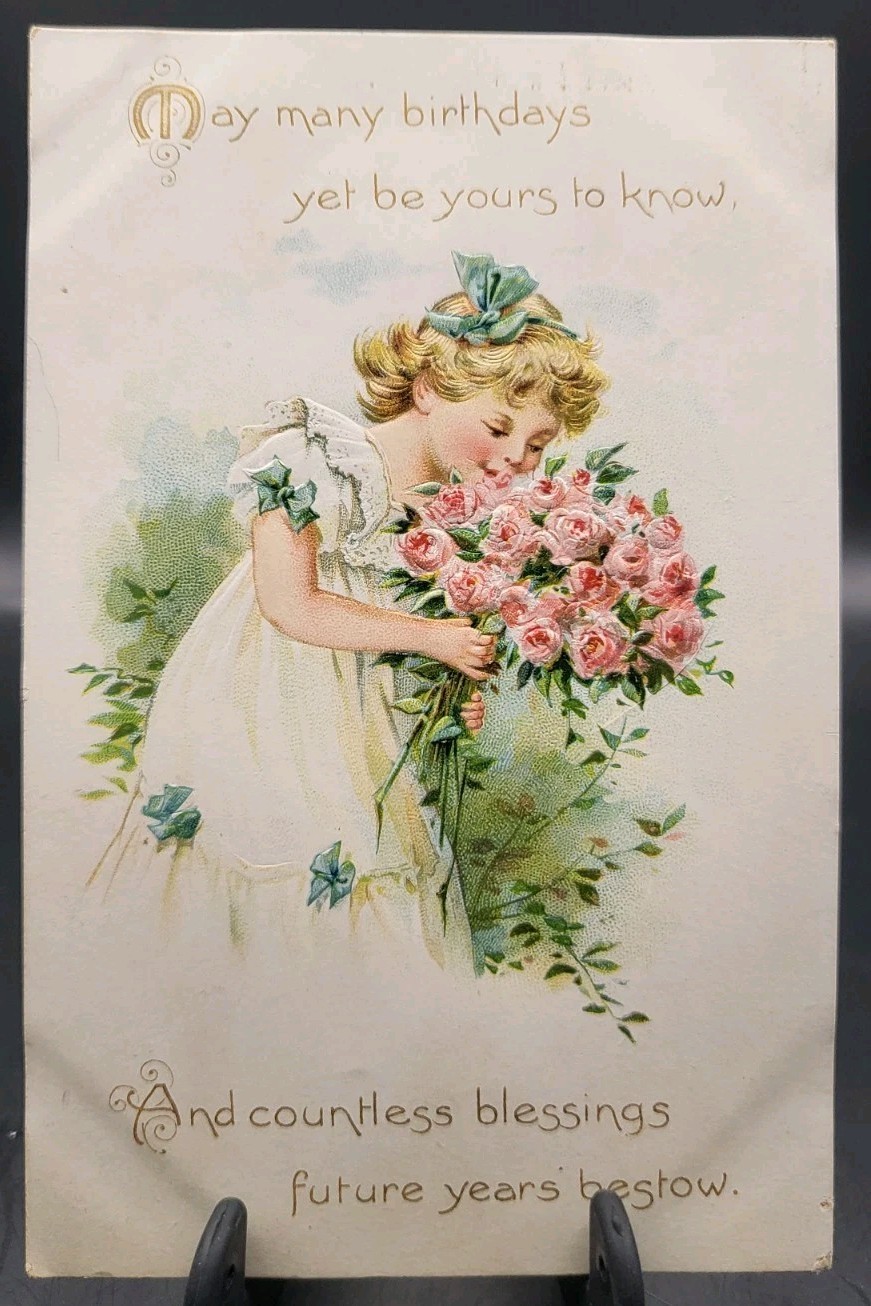 TUCK\'S Birthday Pretty Girl With Pink Roses Embossed Postcard 1900s Germany 