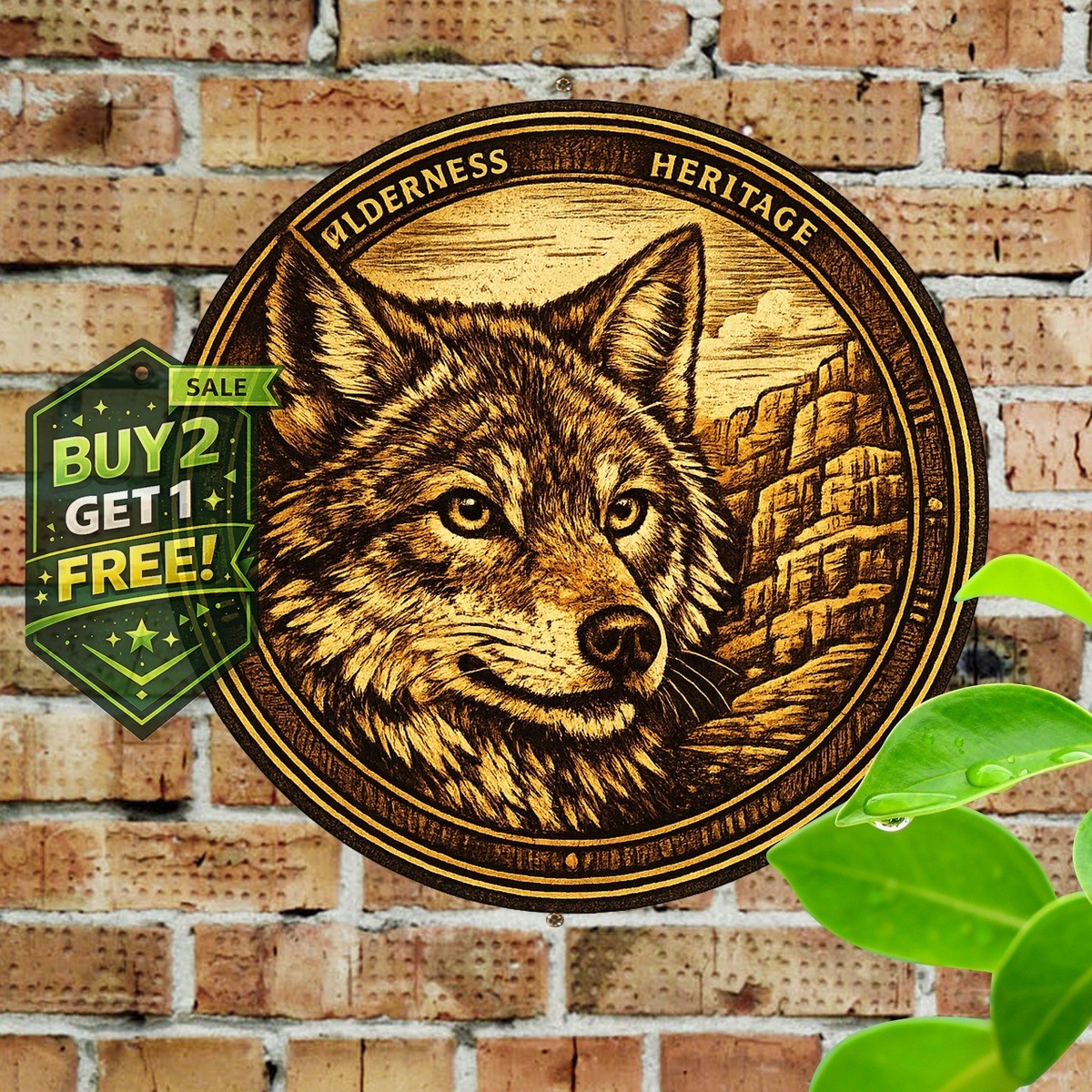 Rustic Wolf Golden Tone 8x8 Round Metal Wall Art Home Decor Tin Sign