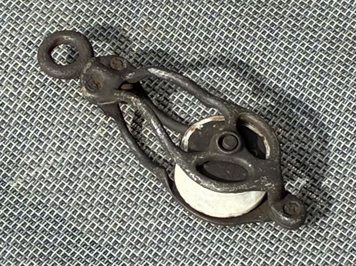 Antique Cast Iron Pulley With Porcelain Wheel—6” Long—Rustic—Barn—Farmhouse