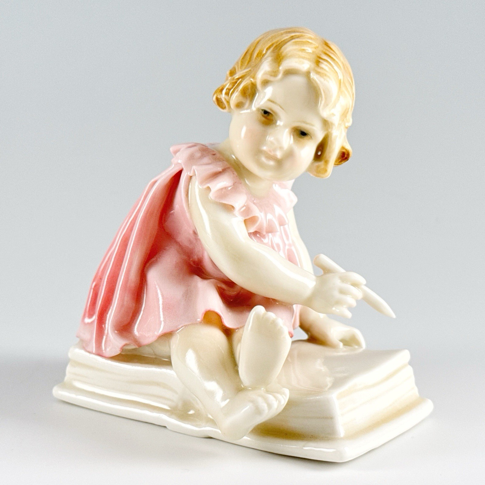 Karl Ens Dresden Girl On Book Porcelain Figurine Volkstedt Germany - 