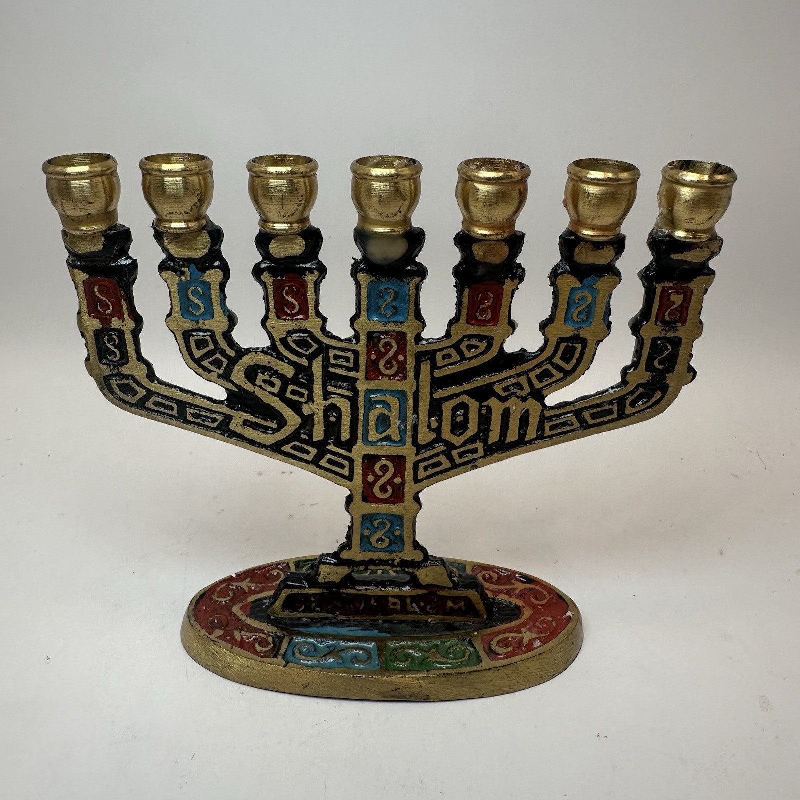 Vintage Brass Enamel Shalom Menorah Judaica Isreal Candle Holder 7 Branch 3.75\