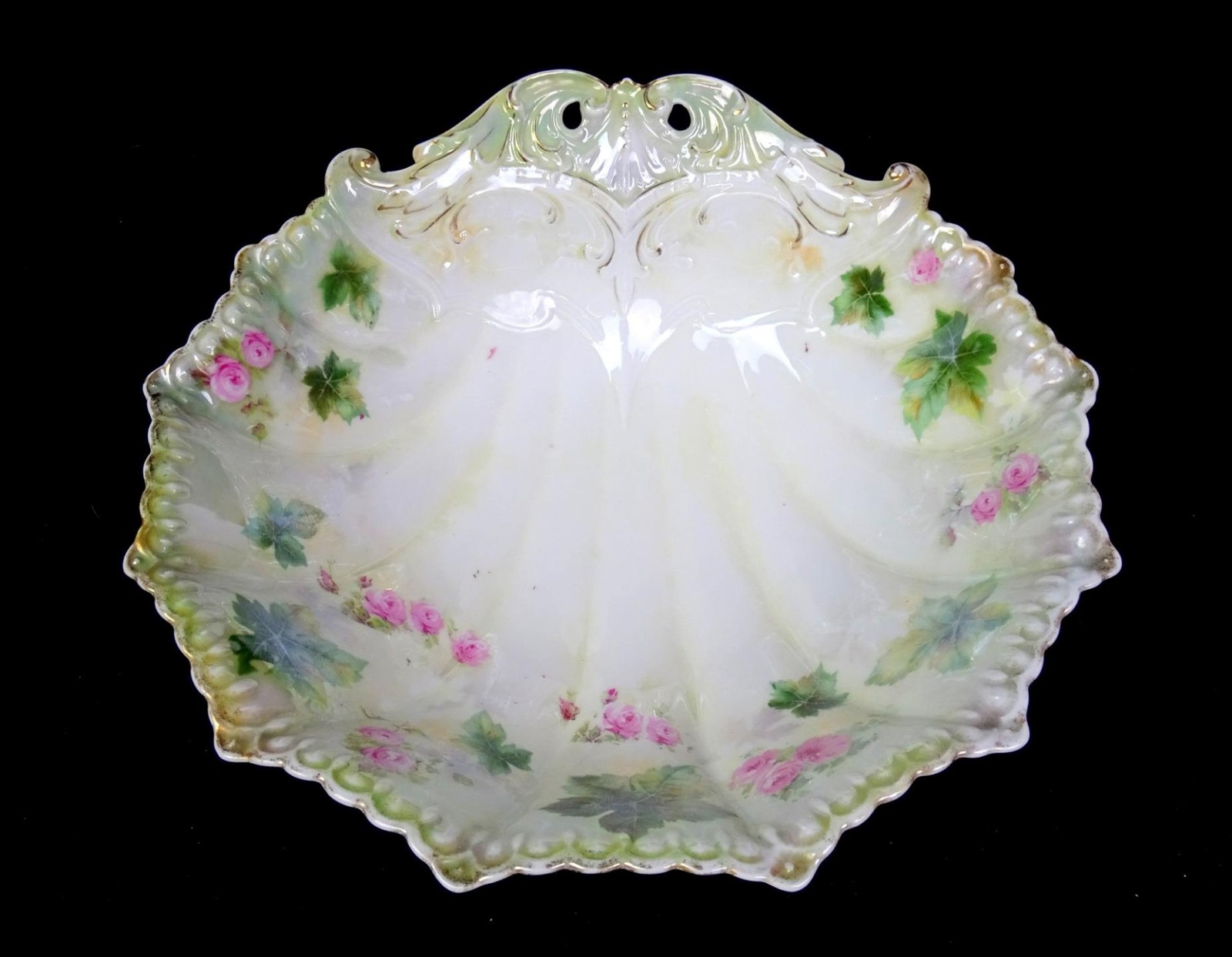 RS Prussia Porcelain Pink Floral Sea Shell Mold Antique 10 1/2\