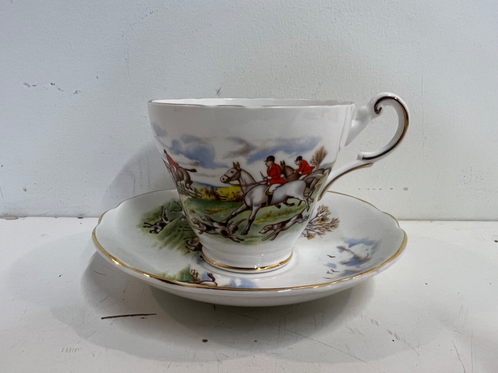 Vintage Regency English Porcelain Cup & Saucer with Fox Hunting Scene