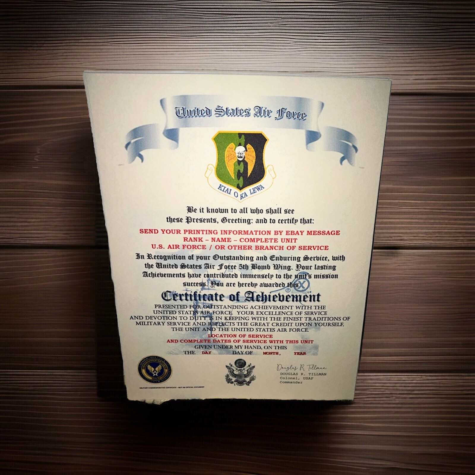 U.S.A.F. / AIR FORCE 5TH BOMB WING - CERTIFICATE OF ACHIEVEMENT