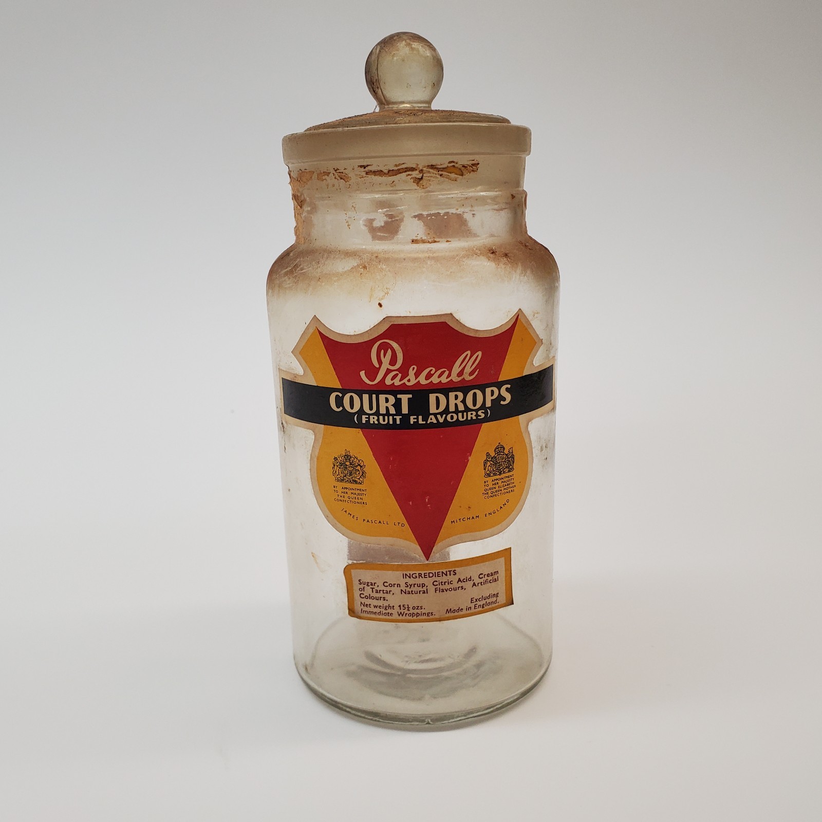 VTG 1930-50s Pascall Court Drops Confectionary Jar w/ Glass Lid Mitcham England