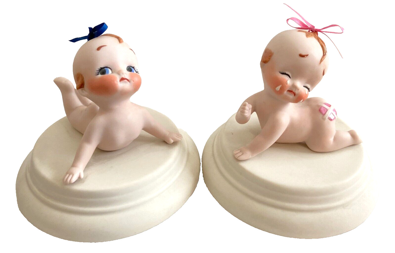 Vtg Reproduction Bisque Figurine Kewpie Nude Baby Dolls w/ Hair Bows
