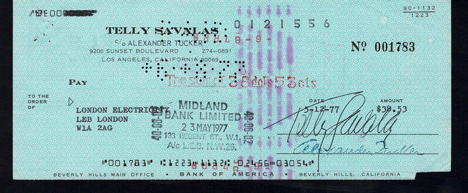 Telly SAVALAS Greek Actor Kojak TV Star Signed Autographed Check Cheque