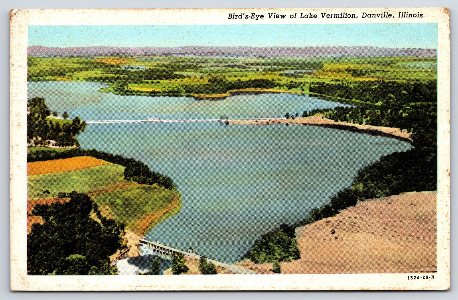Vintage Lake Vermilion Danville Illinois Bird\'s Eye View Dam Postcard 1950s