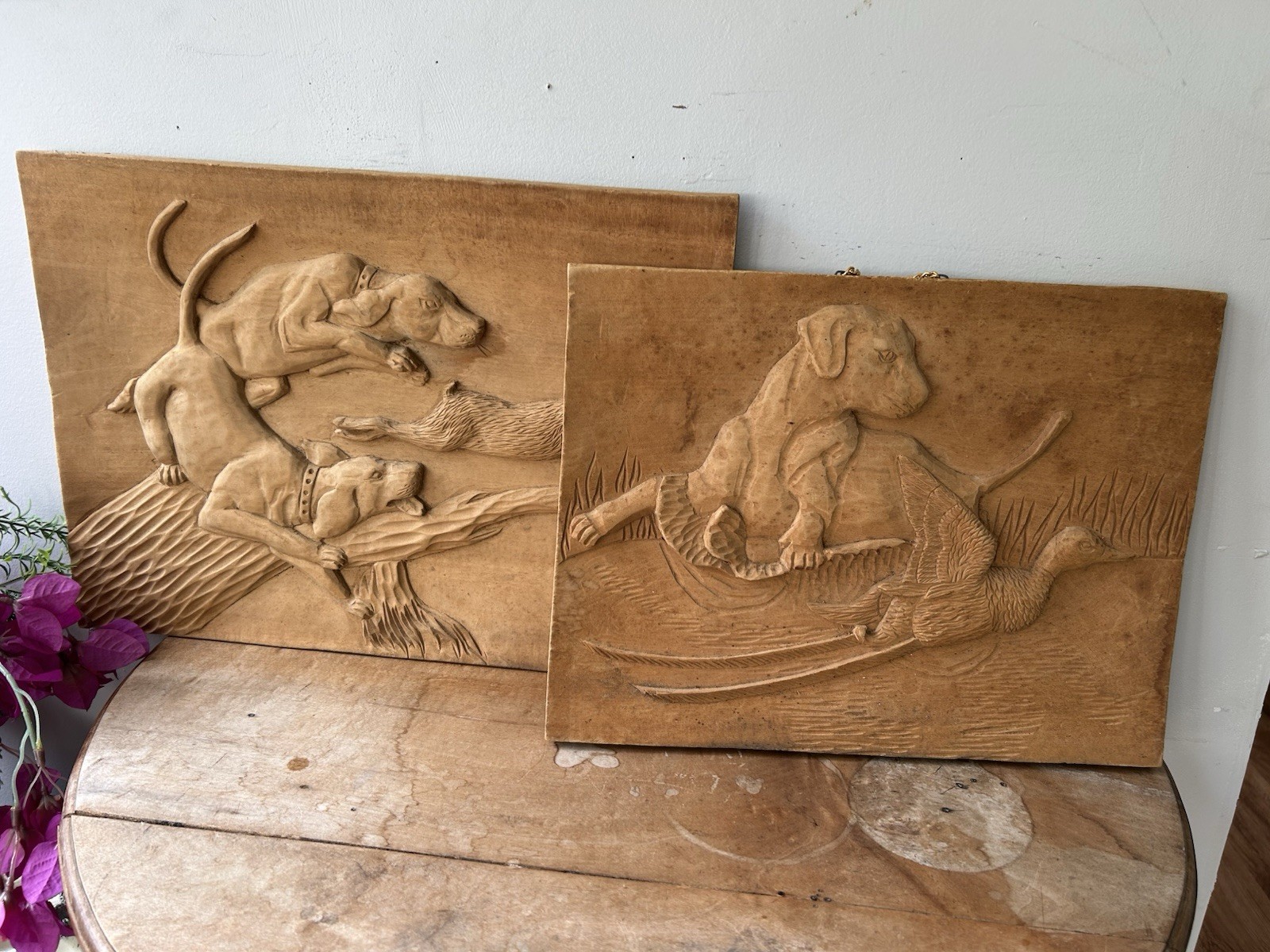Vintage hand-carved wood relief wall plaques. Hunting Dogs Wood Wall Plaques.