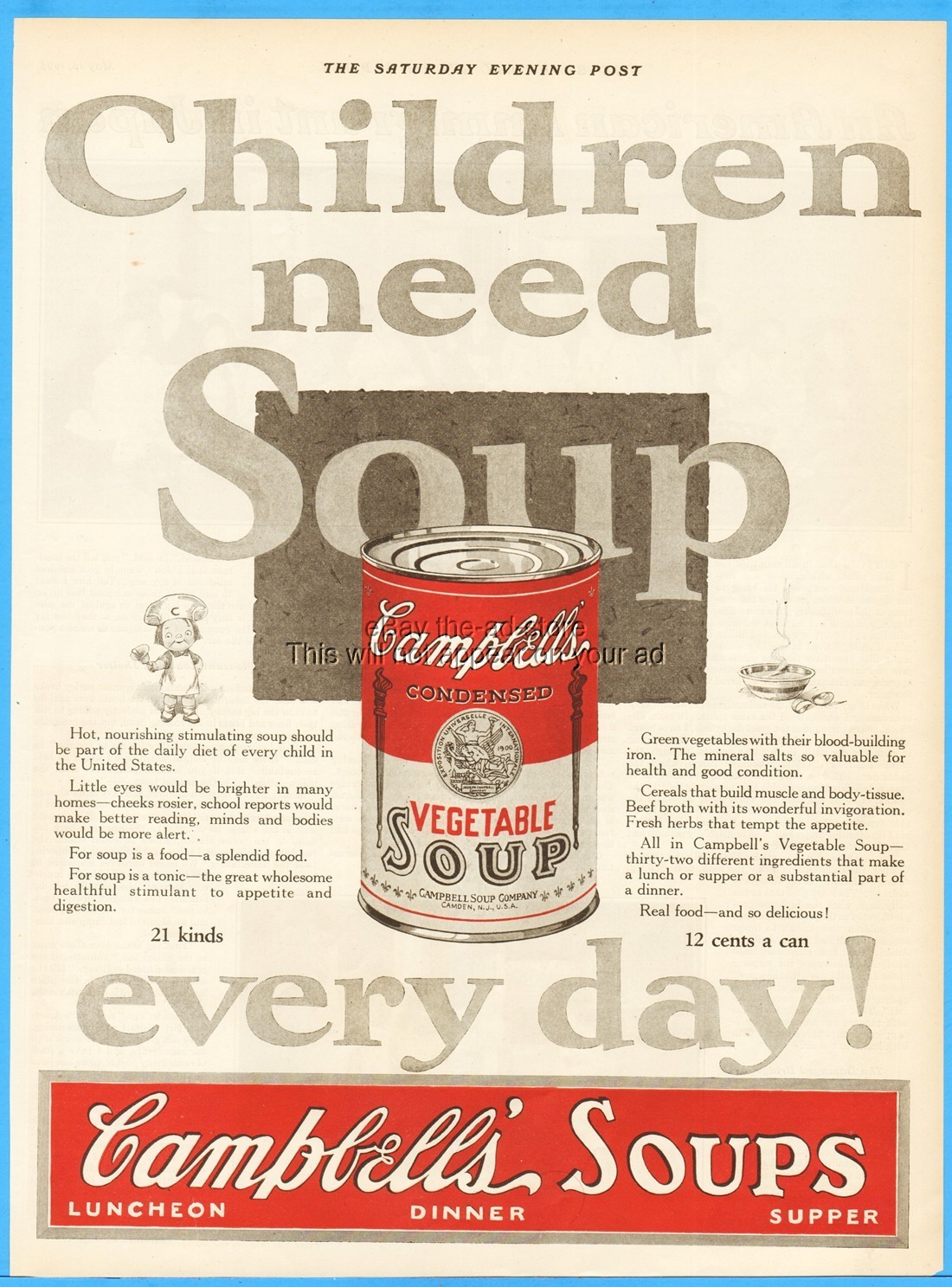 1925 Campbell\'s Children Need Vegetable Soup Every Day 1920\'s Kitchen Décor Ad