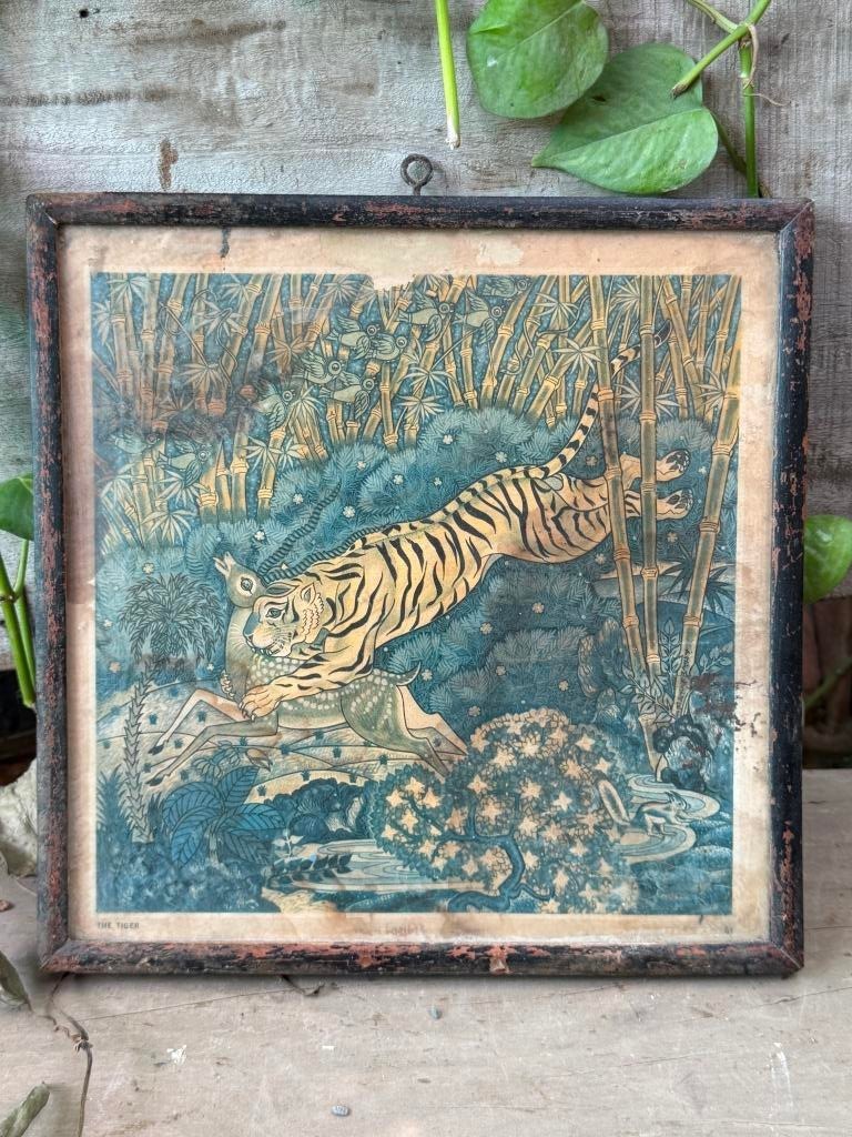 Antique Old Lion Hunting Forest Print Framed
