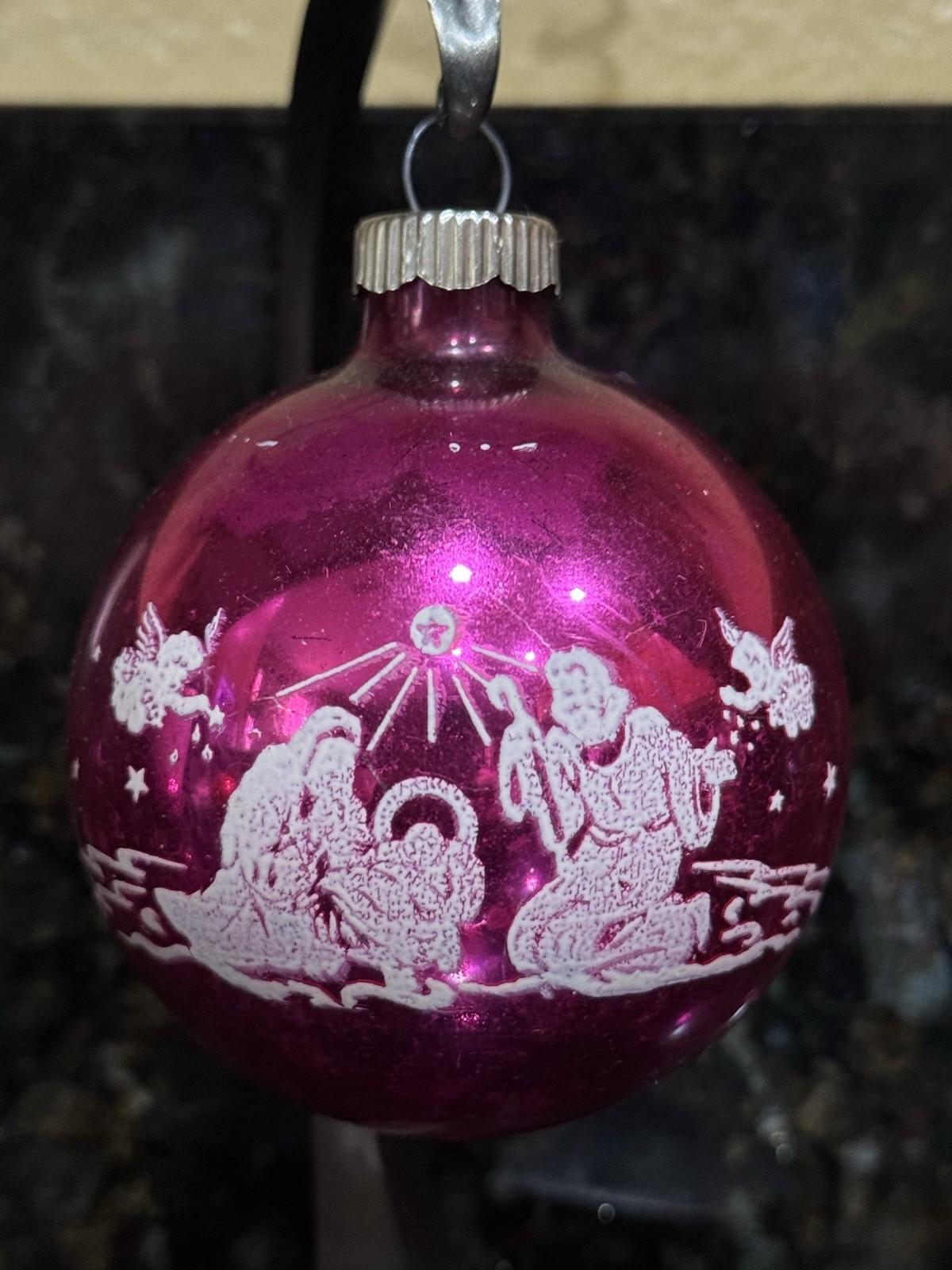 Vintage Rare Shiny Brite Glass Nativity BABY JESUS MARY Stencil Ball Ornament