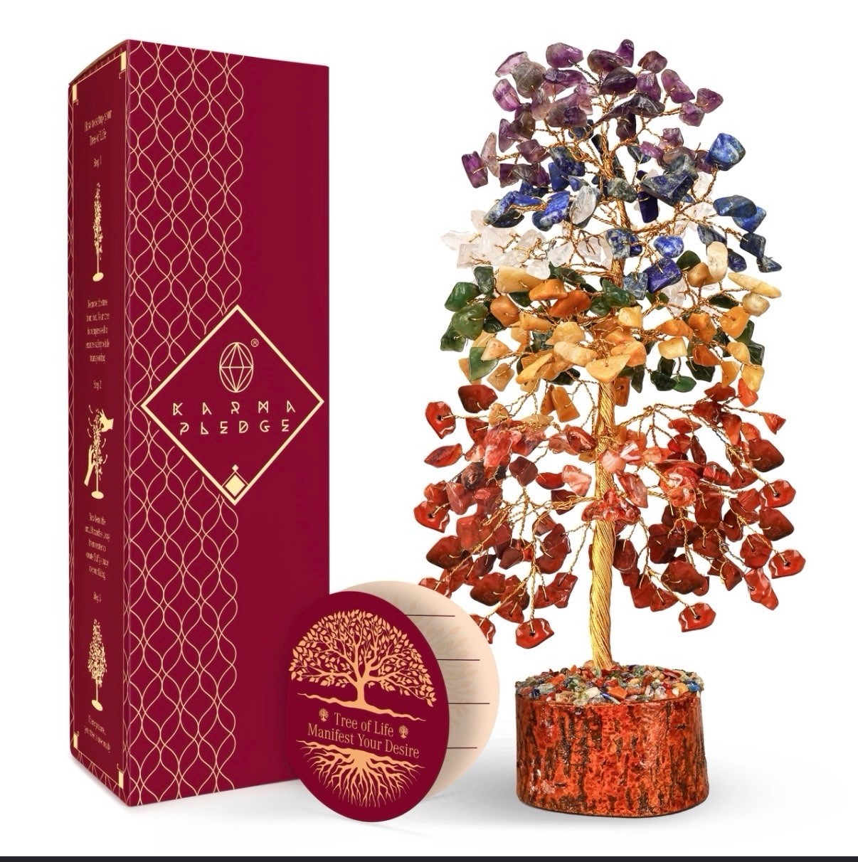 Karma Pledge Crystal Tree Of Life 7 Chakra Gemstone Wood Base 300 Beads New