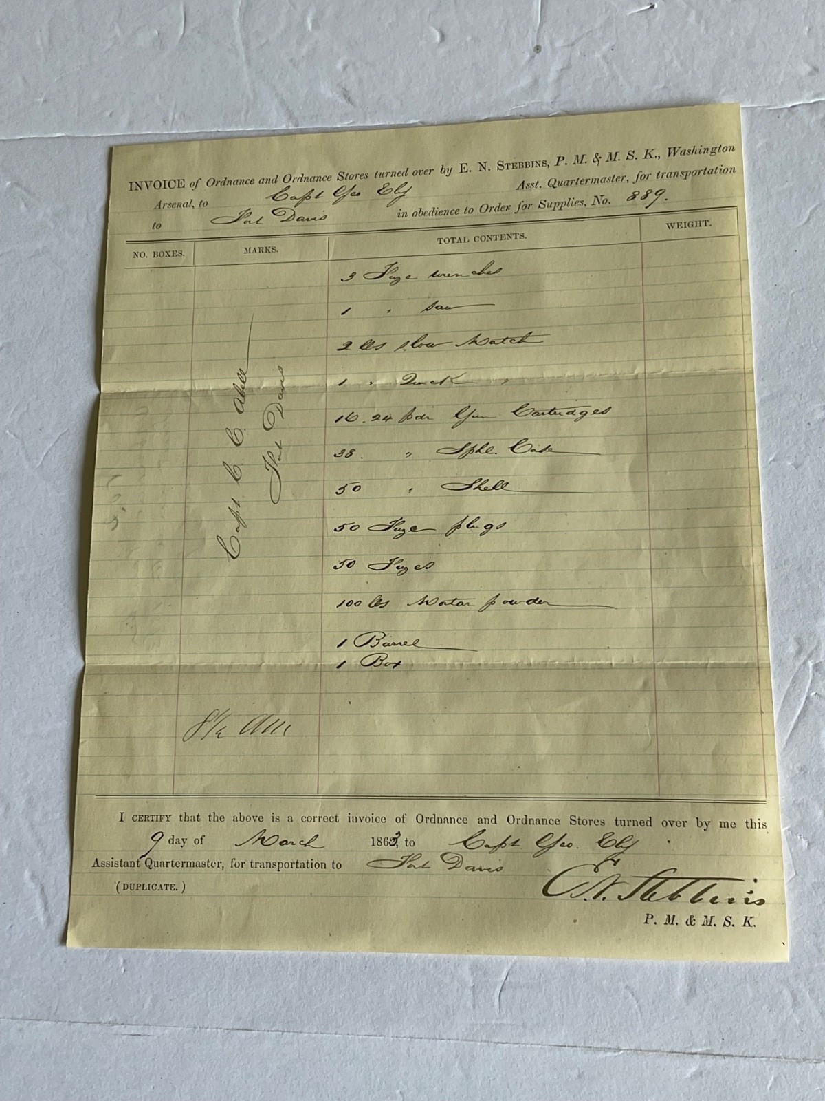 CIVIL WAR FORT DAVIS 1863 ORDNANCE SUPPLIES SPHERICAL SHELLS FUZES POWER LIST CIVIL WAR FORT DAVIS 1863 ORDNANCE SUPPLIES SPHERICAL SHELLS FUZES POWER LIST