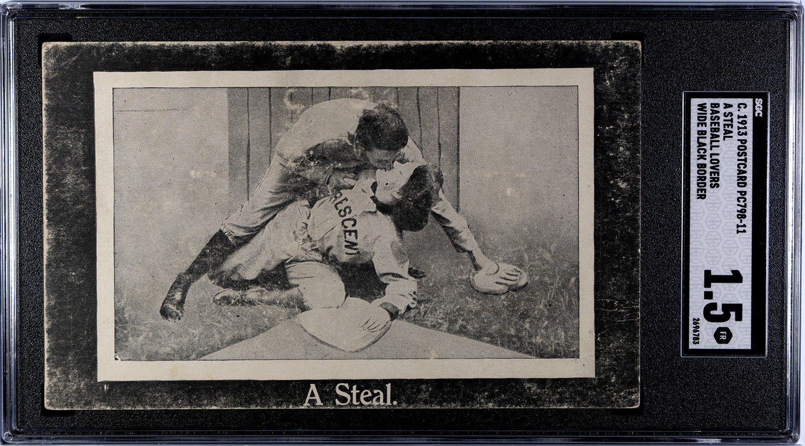 1913 Baseball Lovers “A Steal” Wide Black Border Postcard PC798-11 -  SGC 1.5