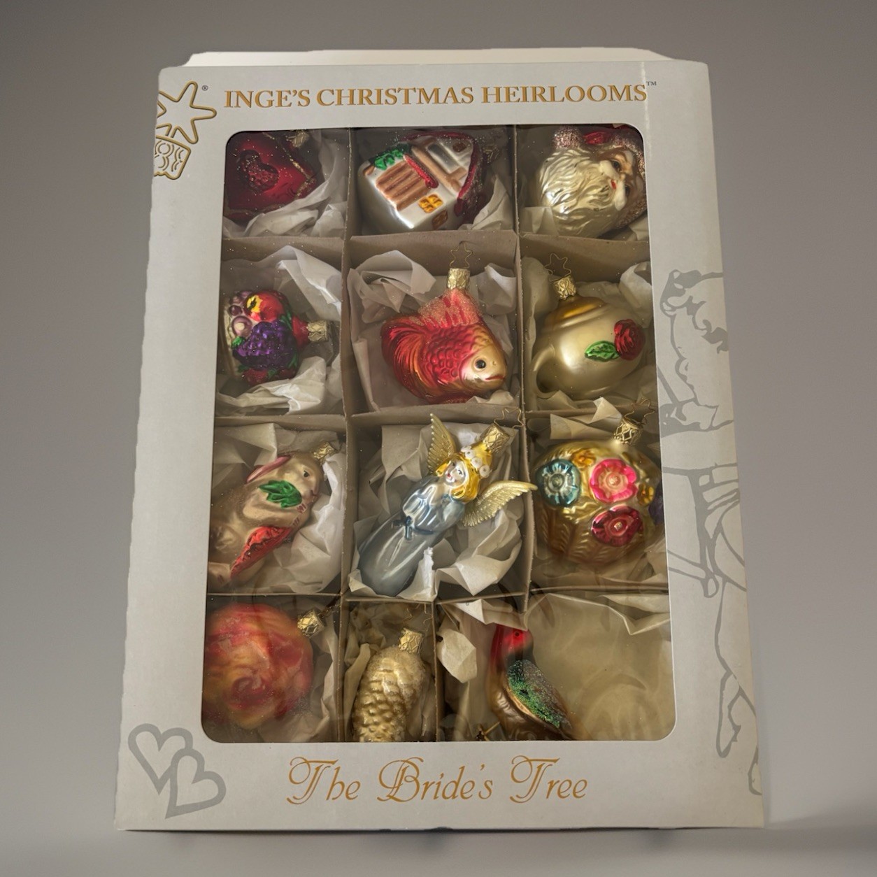 Inge’s Christmas Heirlooms 12 Glass Ornaments The Bride's Tree Set Germany Inge’s Christmas Heirlooms 12 Glass Ornaments The Bride's Tree Set Germany