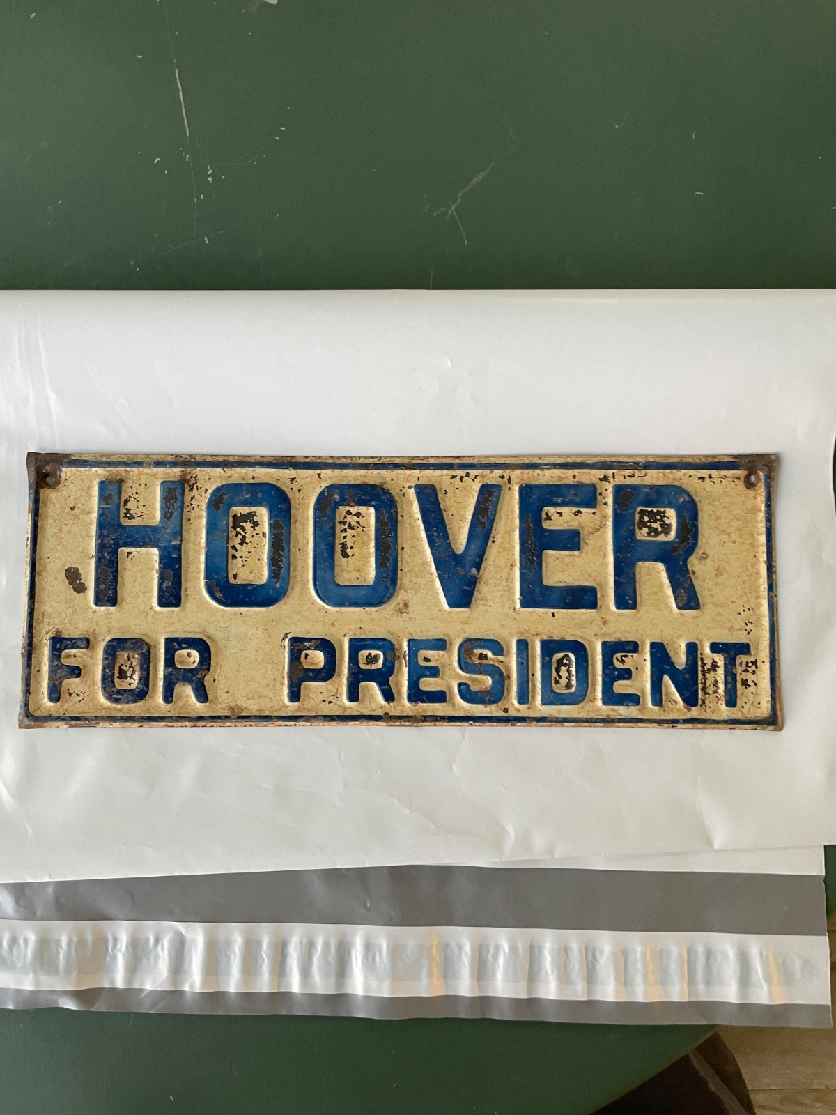 Vintage embossed tin Hoover for President Sign 4.5