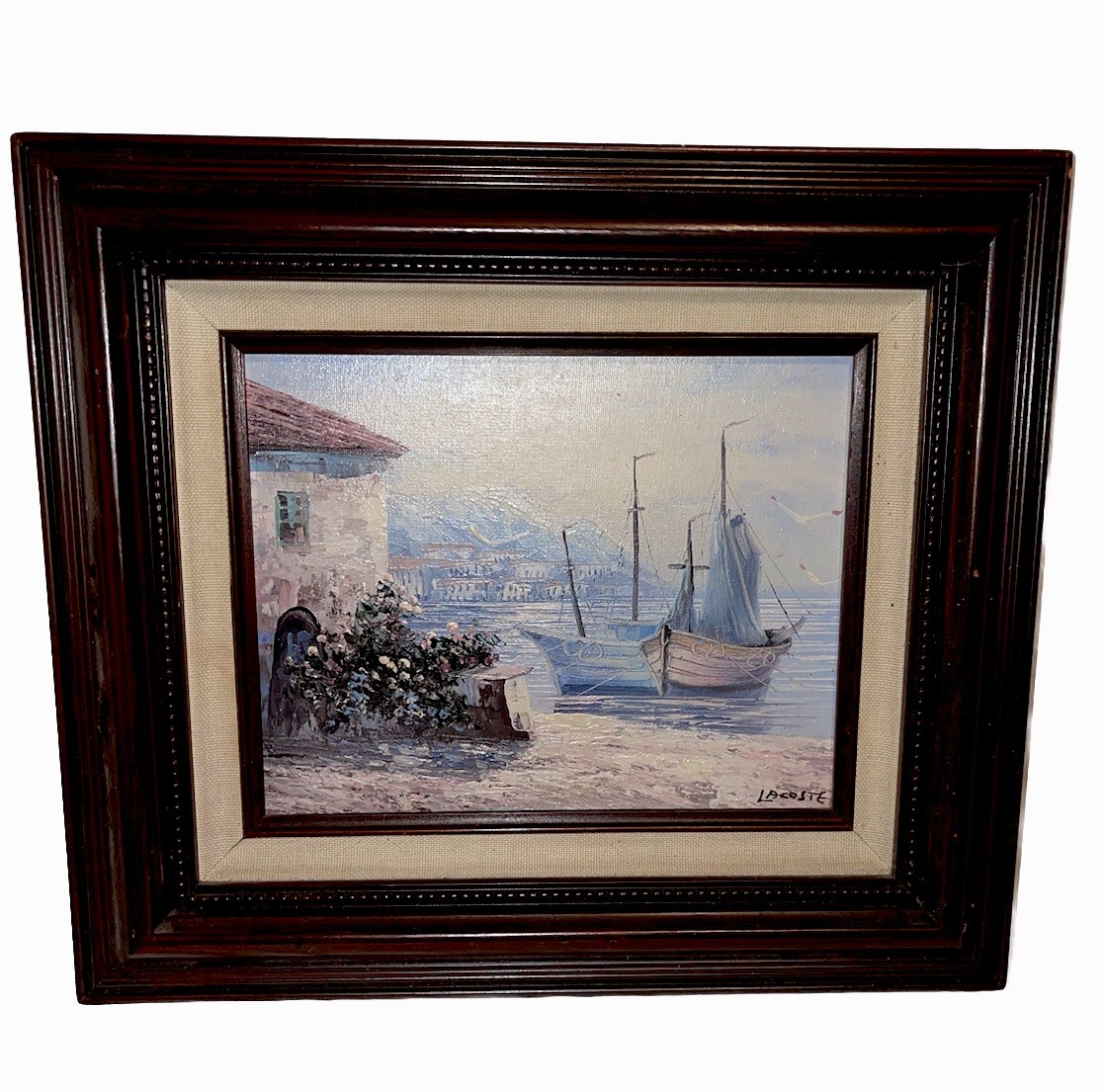 Vintage Paula Loomis Boats Harbor Oil Painting Framed fun