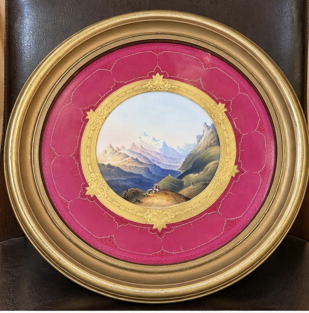 Antique c.1900 Framed Porcelain Scenic Plate Hand Painted Alpine Landscape Gilt