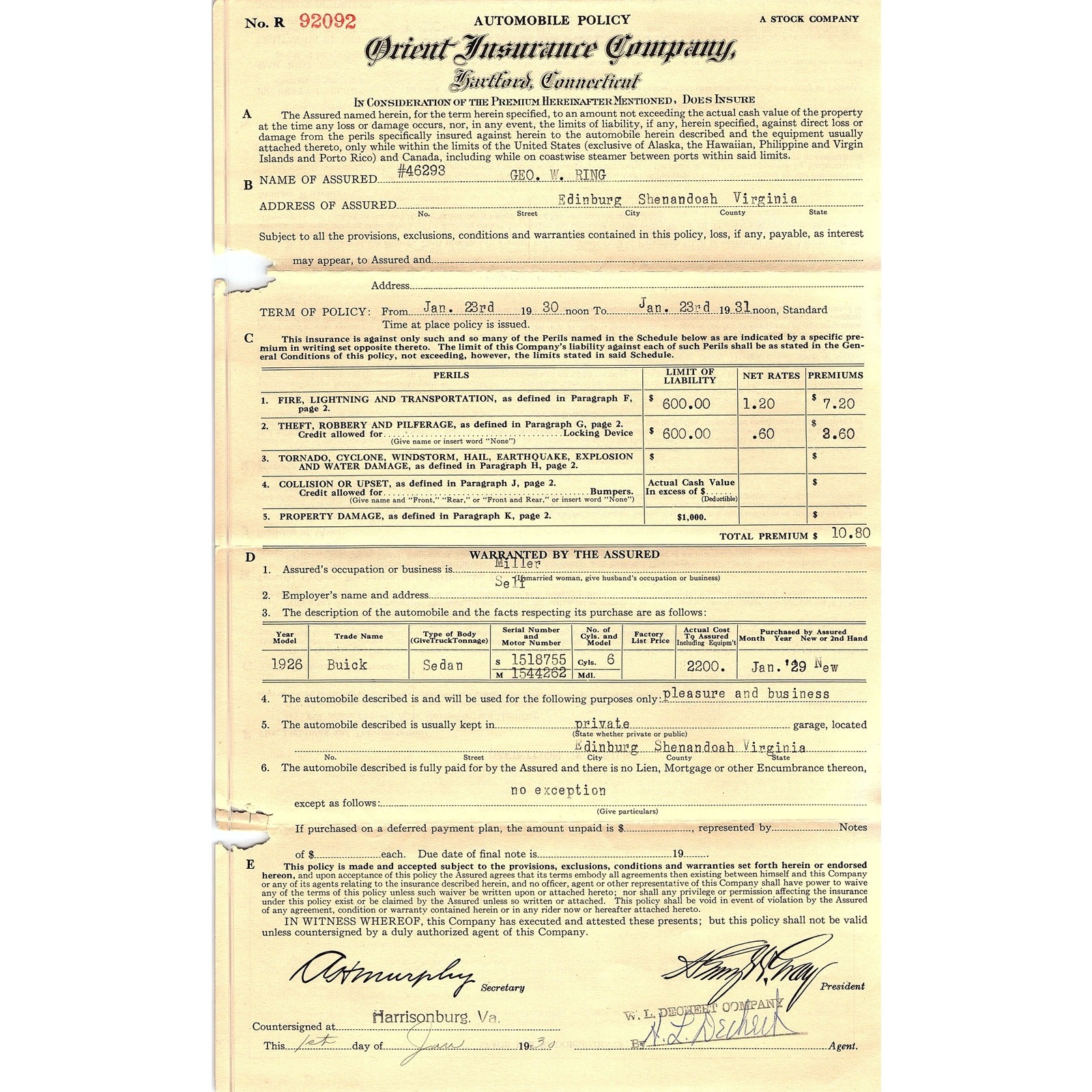 1930 Geo. W. Ring Buick Sedan Policy Edinburg Shenandoah Virginia L2-5