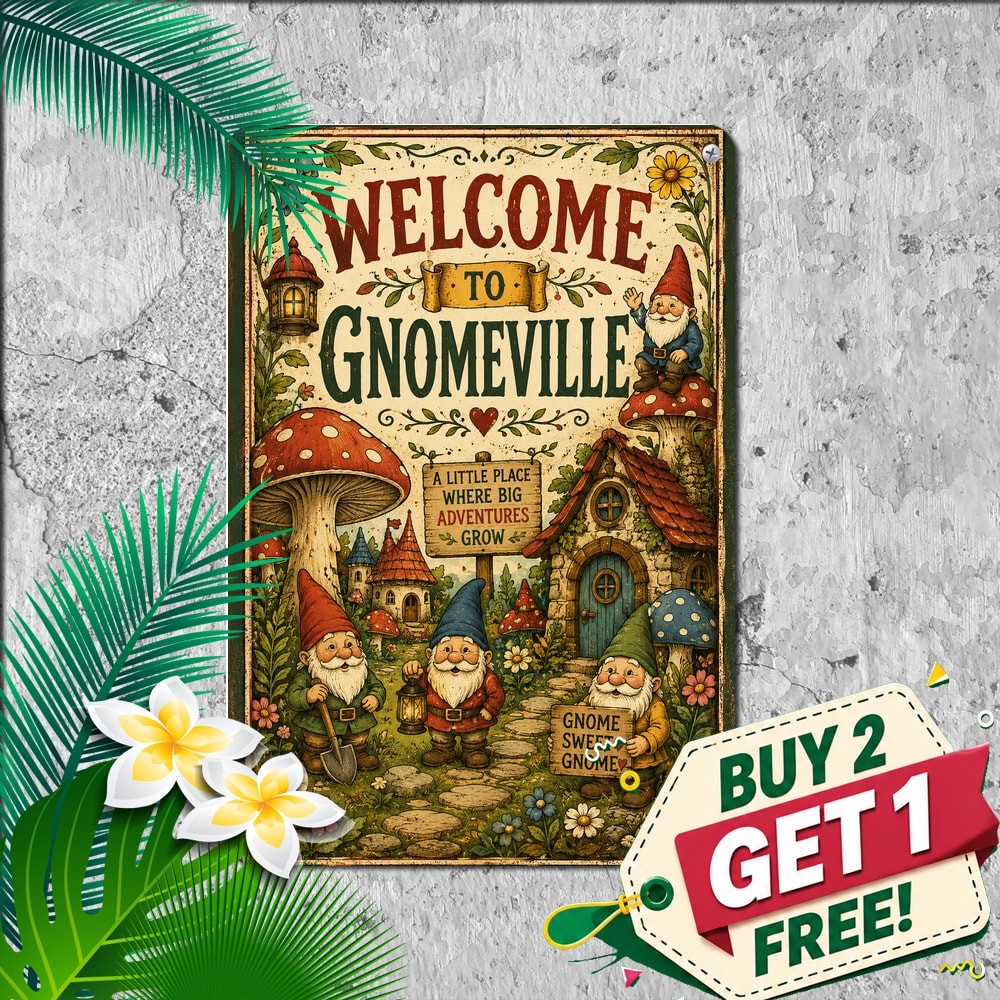 Welcome Gnomeville Sign Whimsical Garden Gnome Yard Metal Tin Plaque