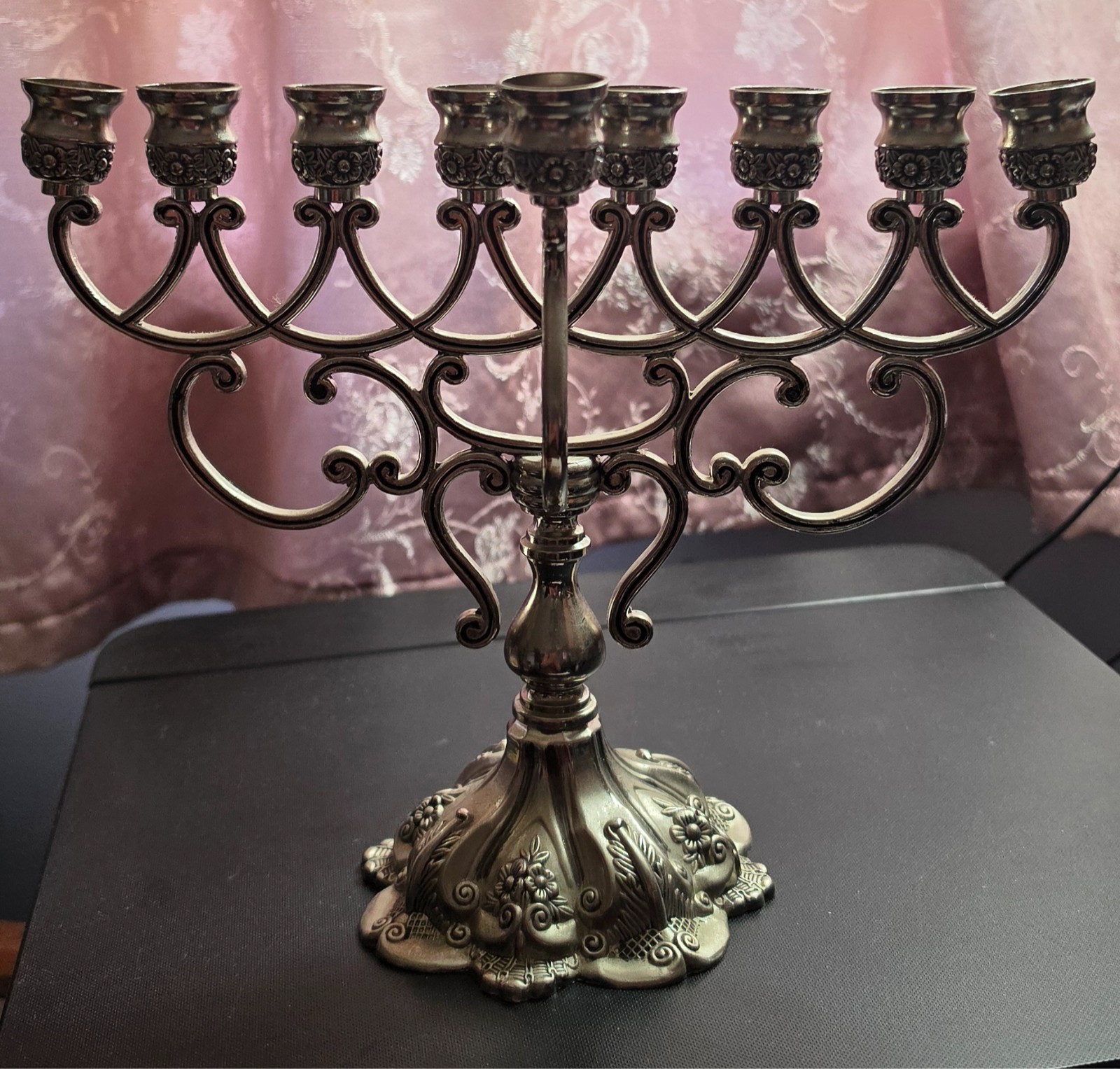 New Menorah Hanukkah silver plated zinc alloy scrollwork made in Israel Judaica