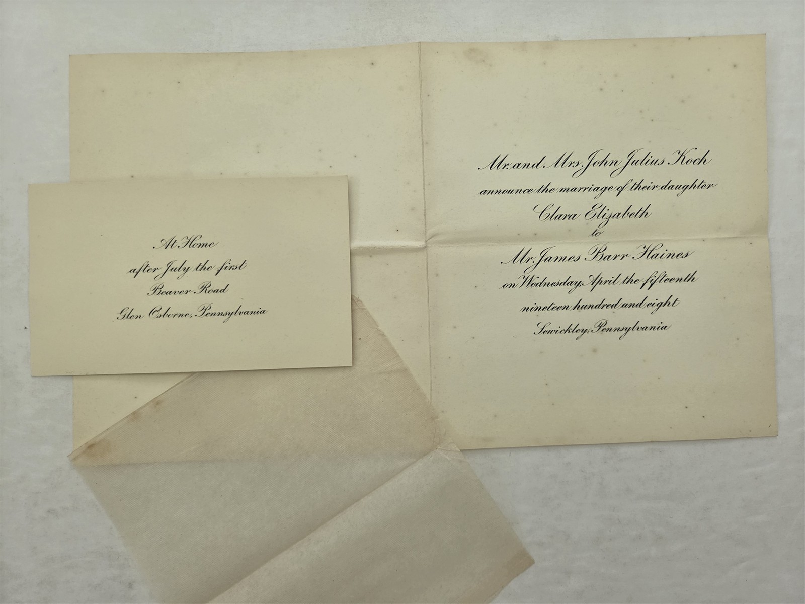 1908 antique WEDDING ANNOUNCE sewickley pa CLARA KOCH JAMES HAINES glen osborne