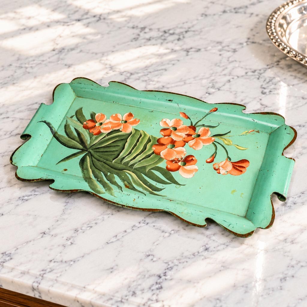 Vintage Hand Painted Floral Metal Tray Mint Green Scalloped Serving Tray 