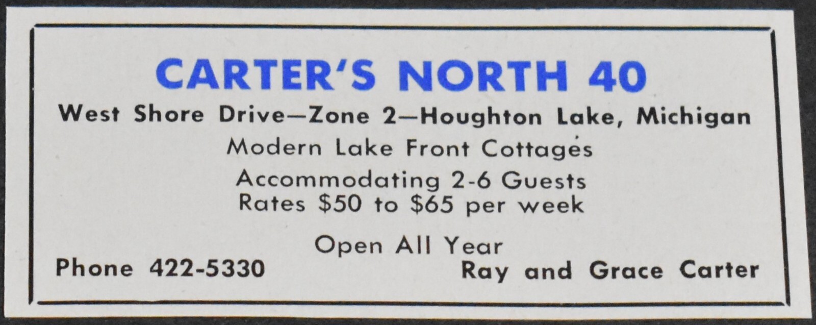1962 Print Ad Michigan Houghton Lake Carter\'s North 40 Ray Grace Carter W Shore