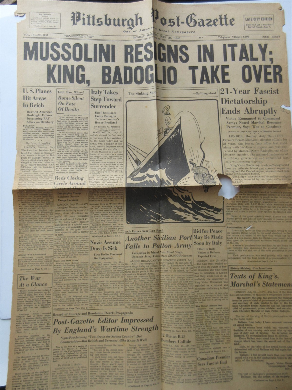 MUSSOLINI RESIGNS IN ITALY Pittsburgh Post-Gazette 1943 newspaper