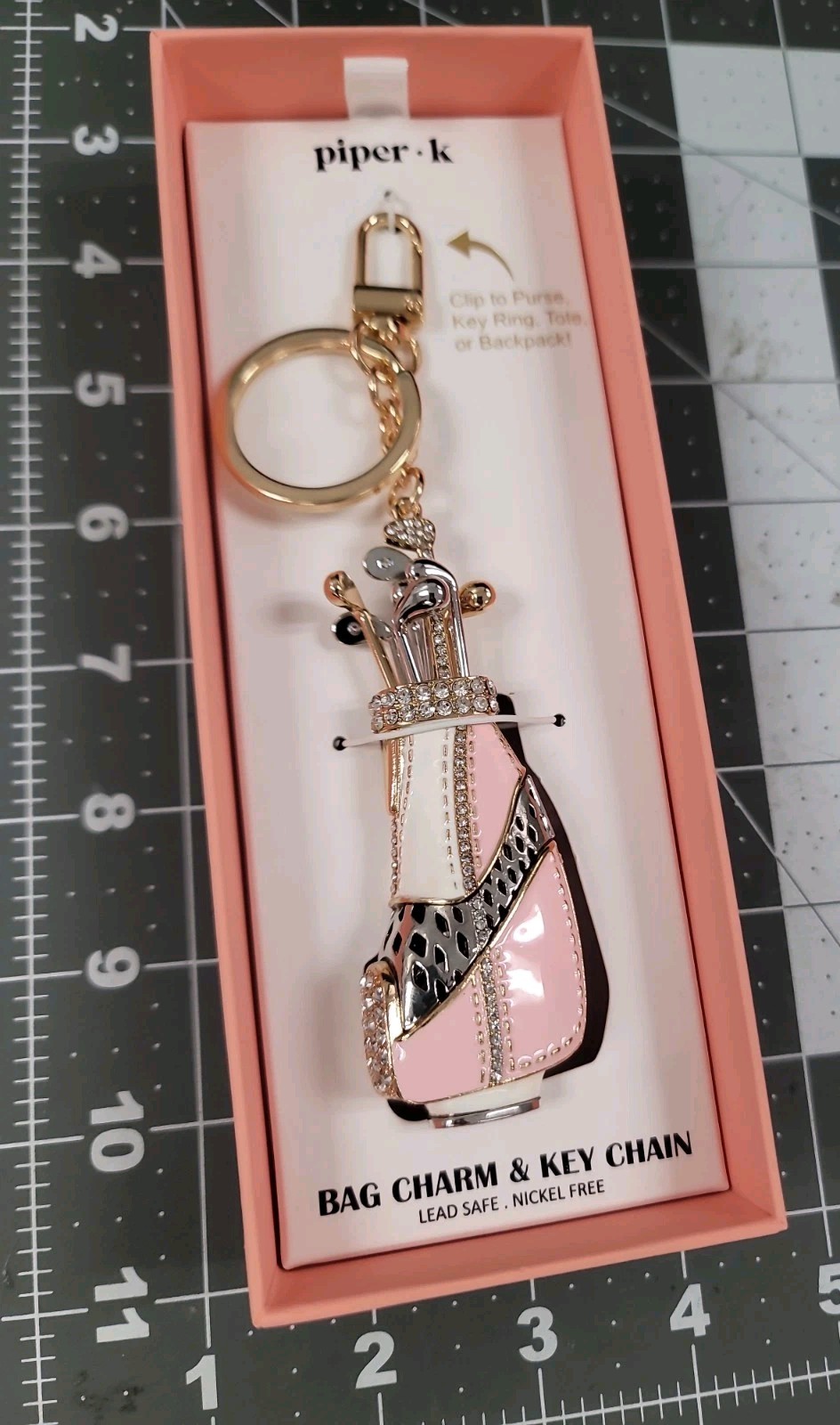 New Piper K Golf Bag Clubs Key Ring Chain Charm Gold Tone Glass Stones Crystals