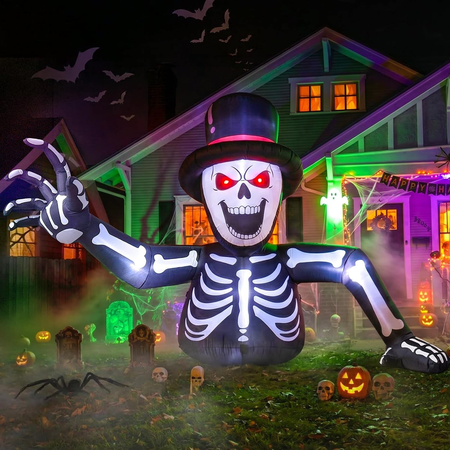 10FT Giant Halloween Inflatable Skeleton with Top Hat, Crawling Yard Decor 10FT Giant Halloween Inflatable Skeleton with Top Hat, Crawling Yard Decor