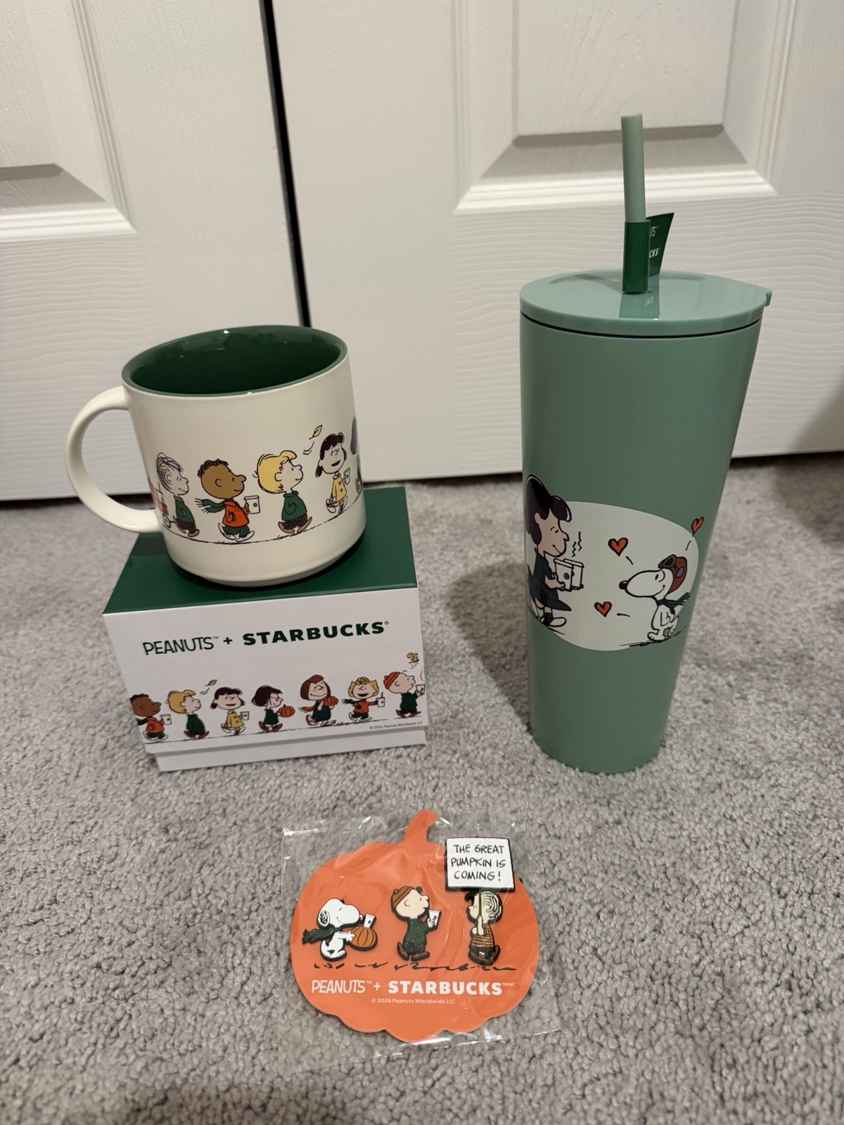Peanuts Starbucks Collection, 3 Piece Set. 1. Mug 2. Stainless St Tumblr 3. Pins Peanuts Starbucks Collection, 3 Piece Set. 1. Mug 2. Stainless St Tumblr 3. Pins