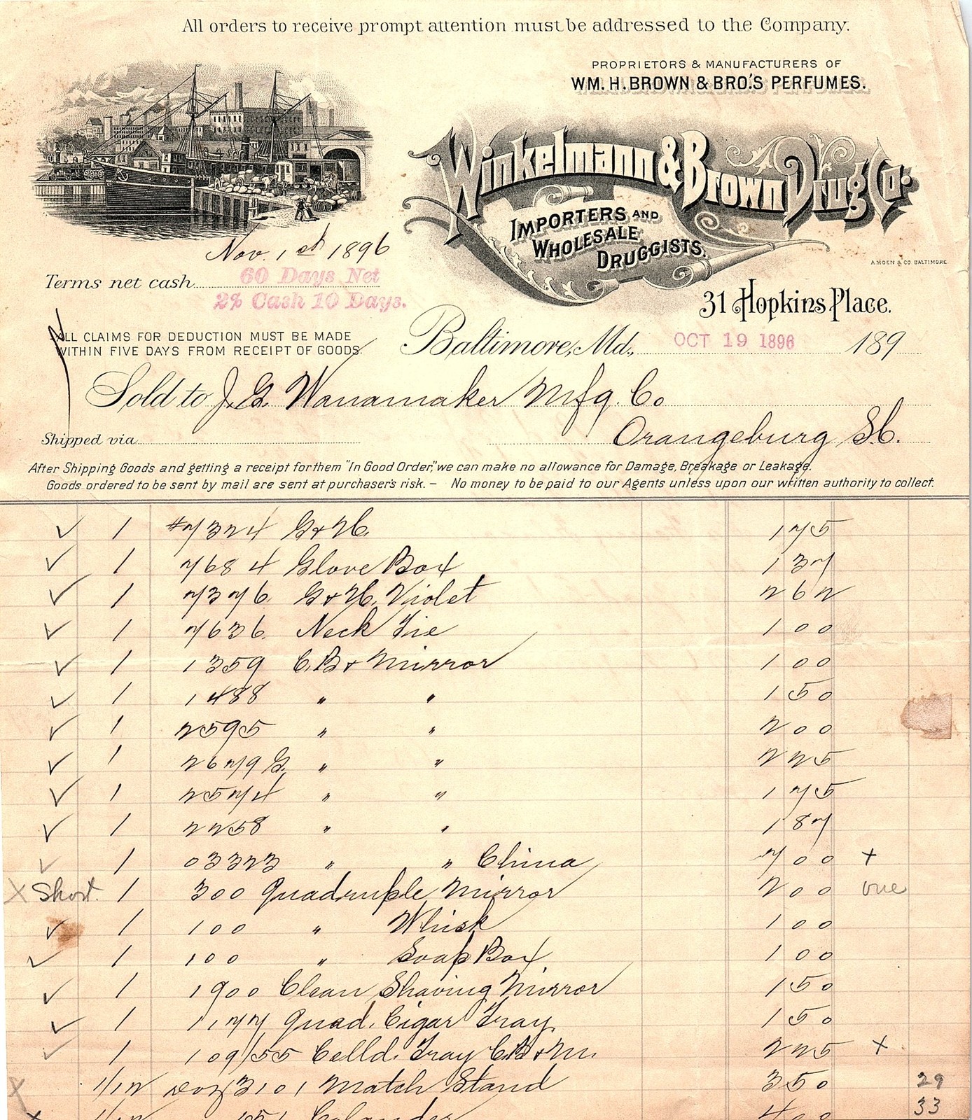 1896 Winkelmann & Brown Drug Co. Billhead to Wanamaker 1896 Winkelmann & Brown Drug Co. Billhead to Wanamaker