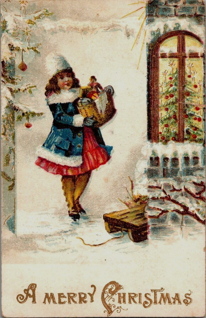 Vintage Victorian Postcard 1910 A Merry Christmas - Little Girl with Gifts Vintage Victorian Postcard 1910 A Merry Christmas - Little Girl with Gifts