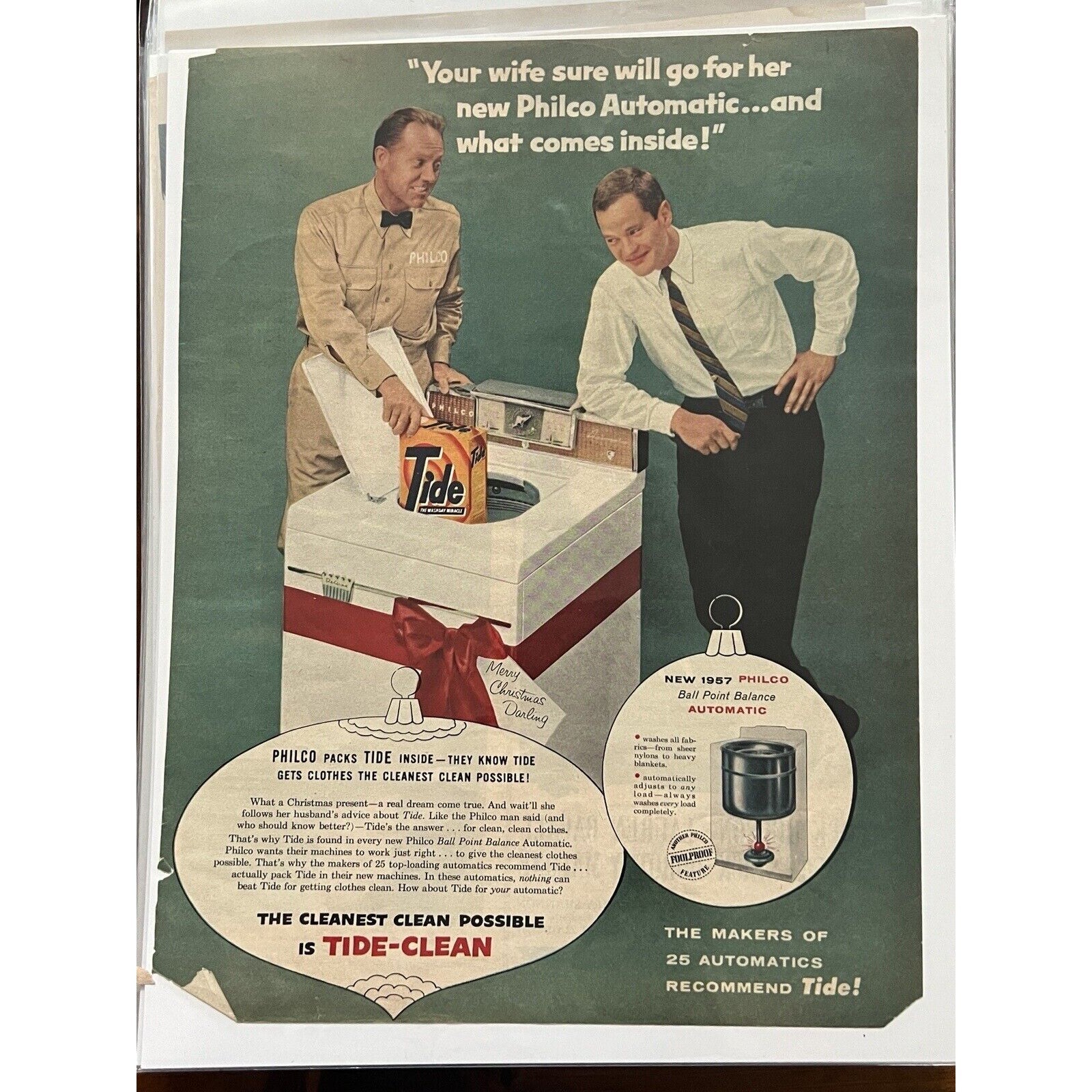 Vtg 1957 Tide Detergent Philco Automatic Washer Print Ad Green Laundry Room