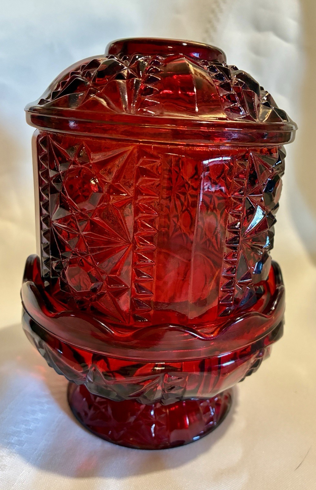 VINTAGE INDIANA GLASS RUBY RED FAIRY LAMP STARS & BARS VOTIVE TEA LITE HOLIDAYS