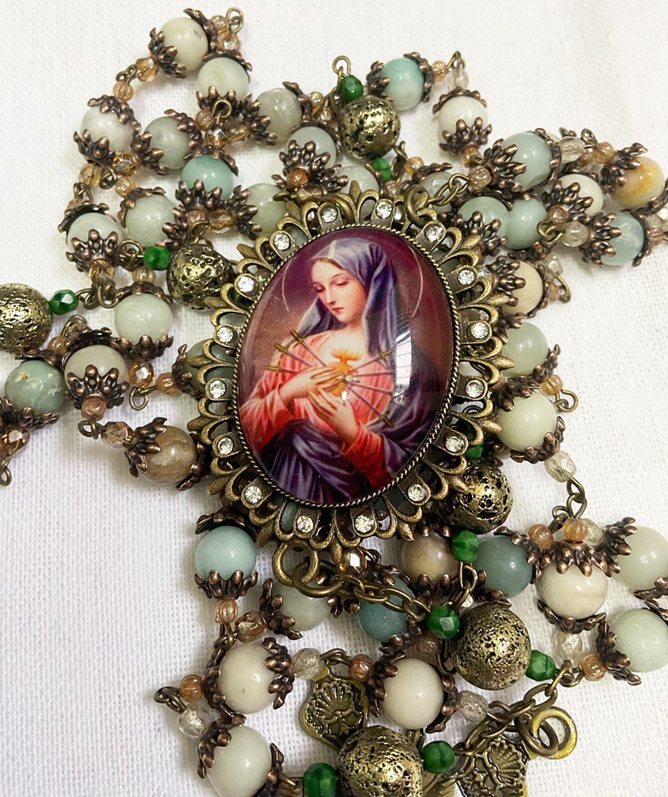 Catholic Heirloom Bronze Rosary Our Lady Seven Sorrows Amazonite Gemstones