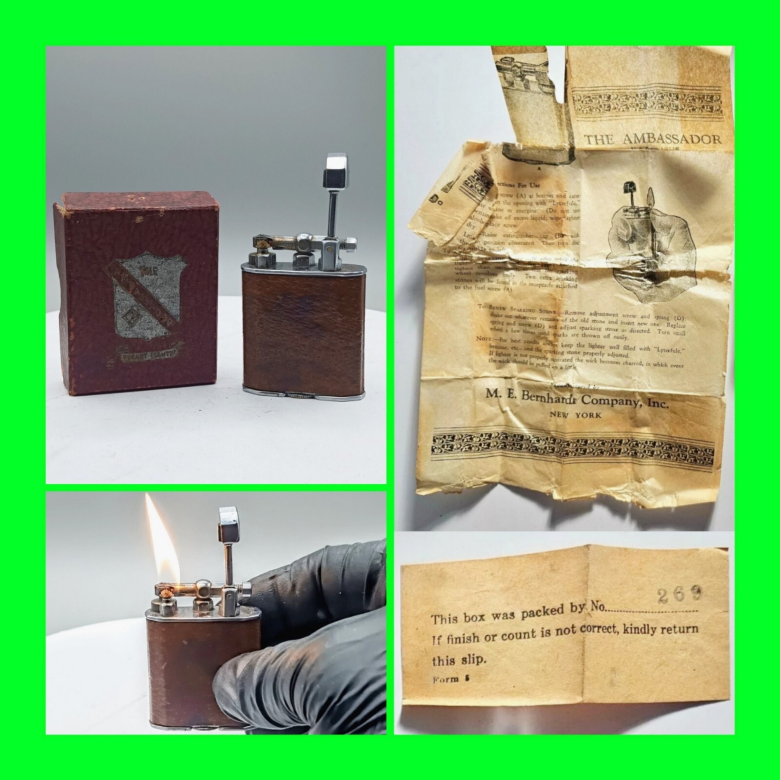 Antique M.E. Bernhardt Ambassador Lift Arm Lighter w/  Box & Instructions 