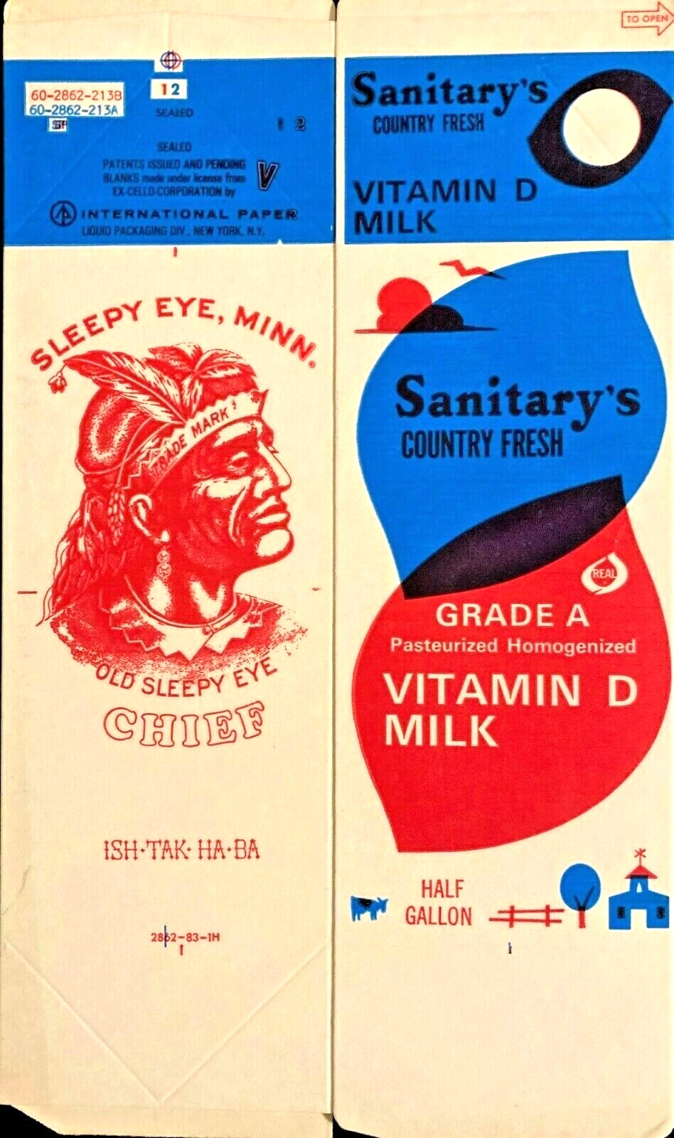 1960-70's Old Sleepy Eye. MINN Half Gallon Milk Carton - Sleepy Eye, Minn. 