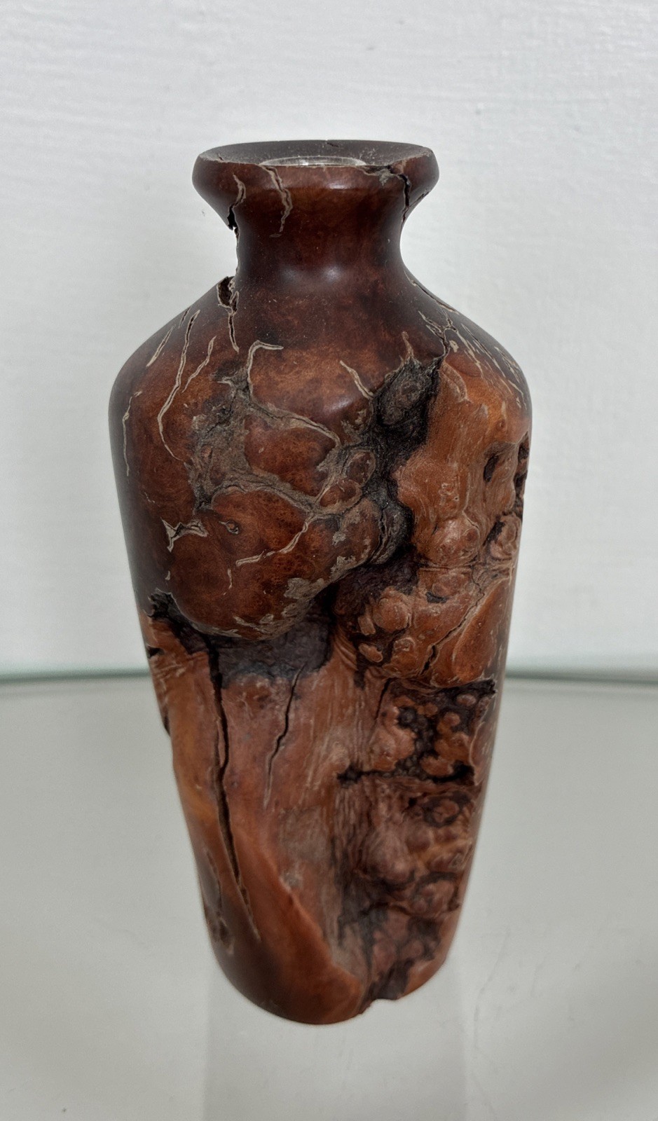 Vintage Handmade Burl Wood Bud Vase With Original Glass Insert 6”