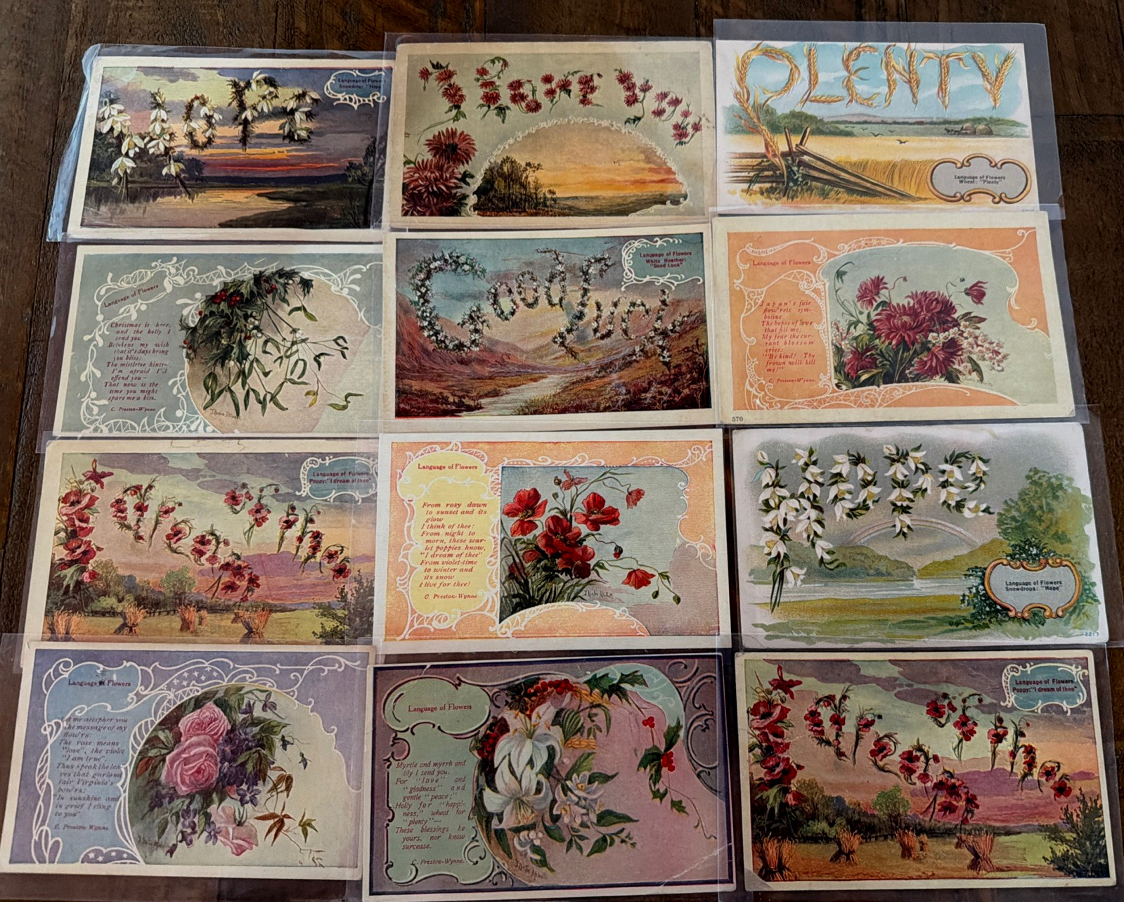 Lot of 12 Language of Flowers~Flower Meanings~Victorian Greetings Postcards-s731
