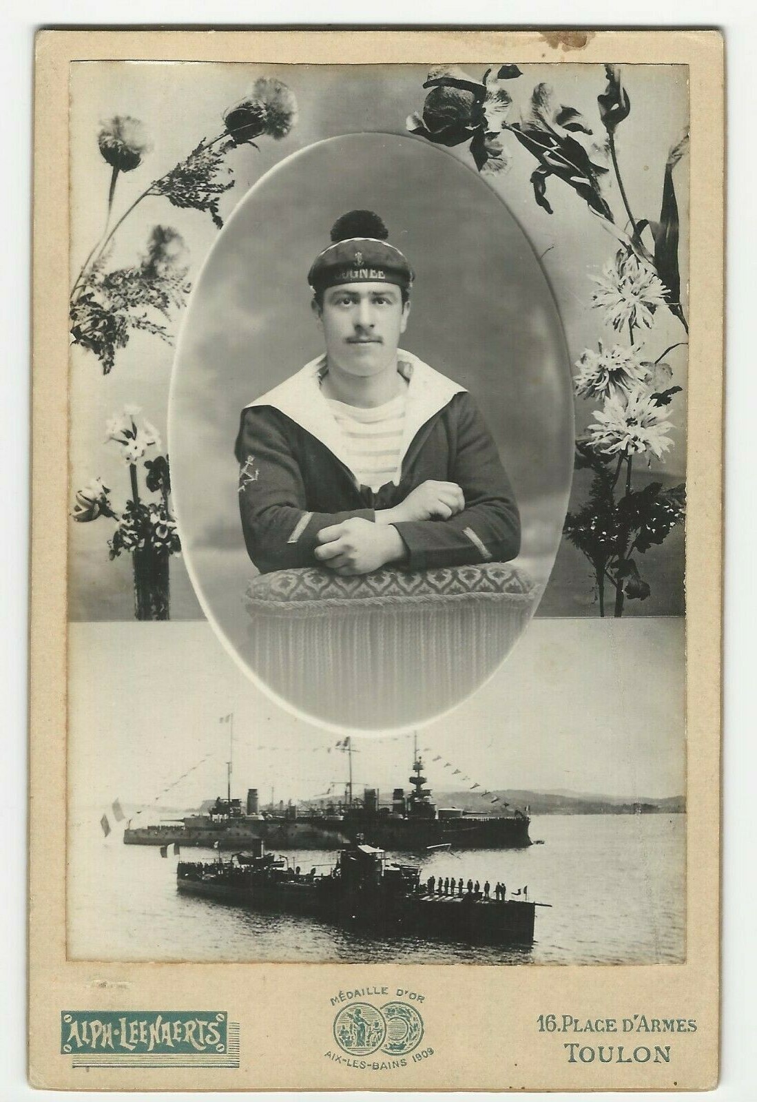 PORTRAIT OF A FRENCH SAILOR AND HIS BATTLESHIP (THE DESTROYER COGNEE) c1909 PORTRAIT OF A FRENCH SAILOR AND HIS BATTLESHIP (THE DESTROYER COGNEE) c1909